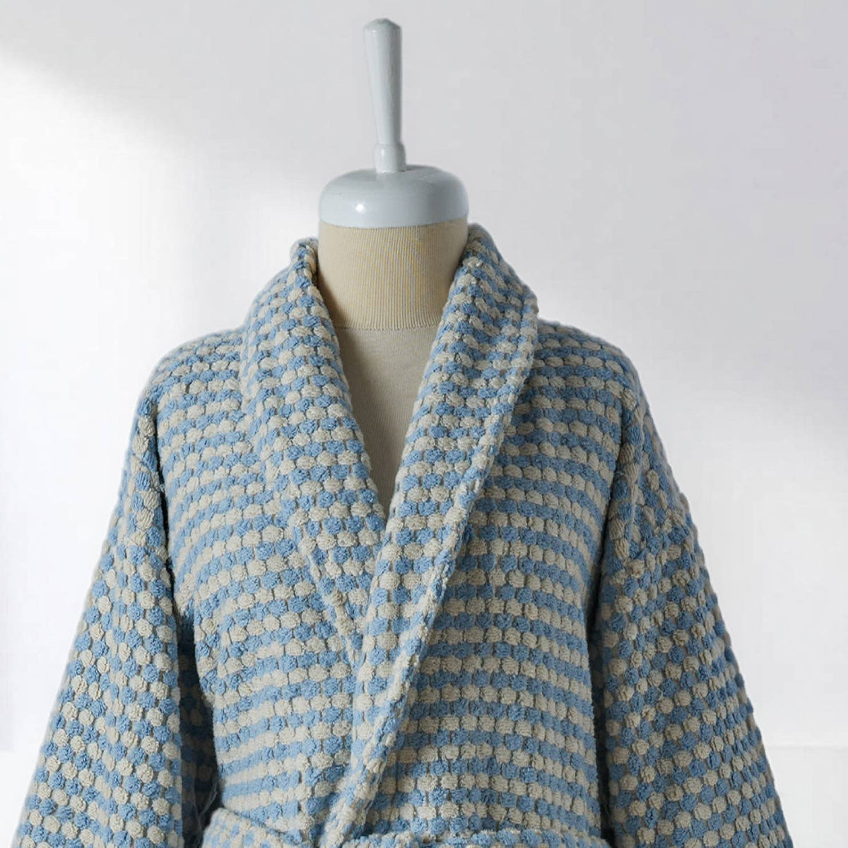 Pompom Turkish bathrobe – Baby Blue, Shawl Collar, styled view | Kikoya