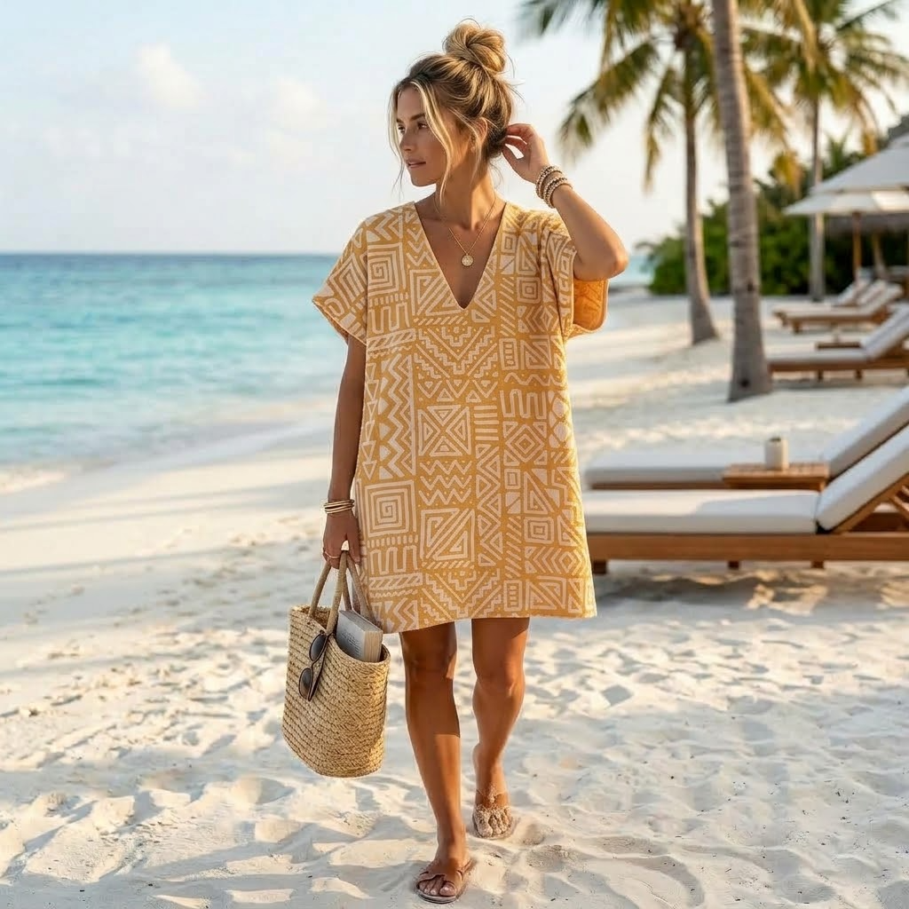 Adult V-neck beach cover-up poncho in Geometric Yellow, terry-backed Turkish cotton | Kikoya