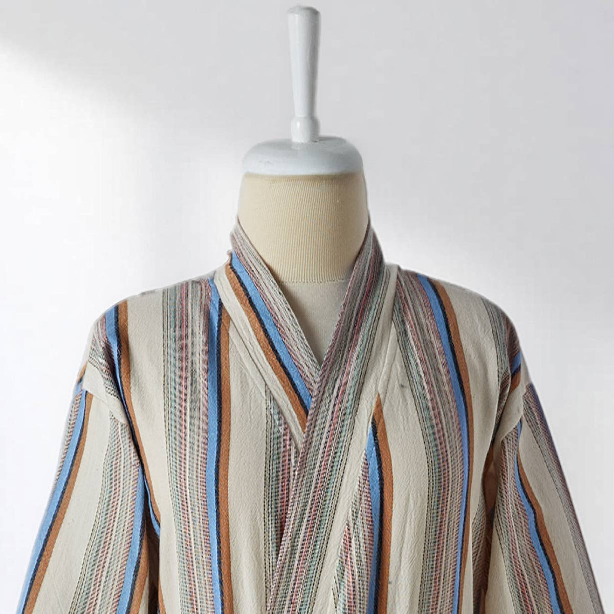Multi stripe Turkish bathrobe in sand & blue – kimono | Kikoya