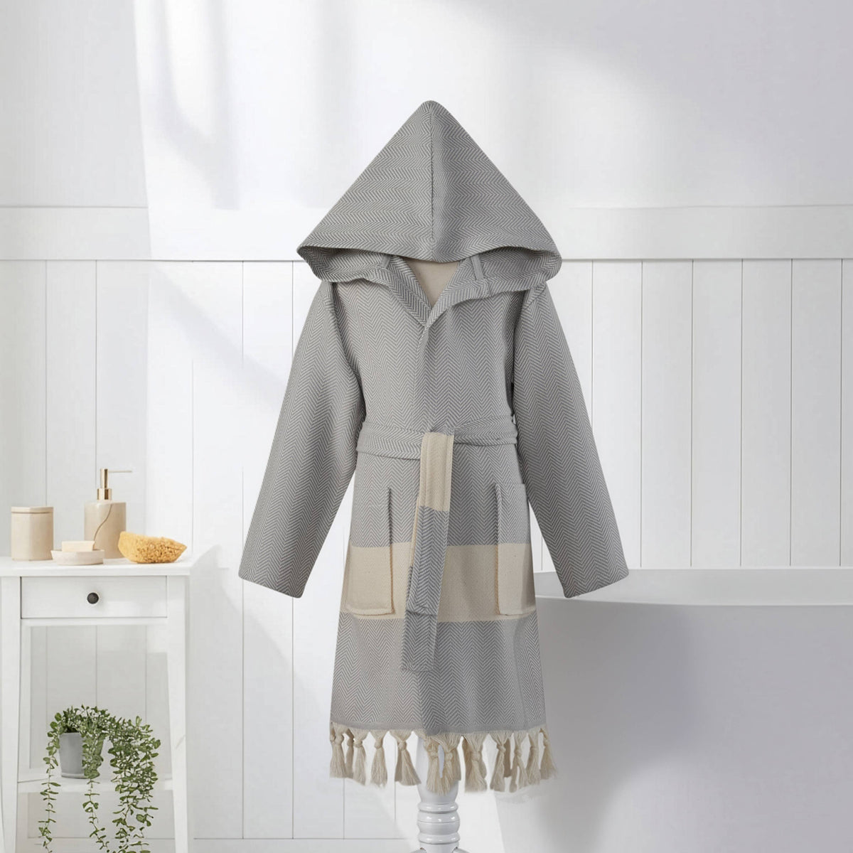 Herringbone kids Turkish cotton bathrobe – hooded, fringed hem | Kikoya