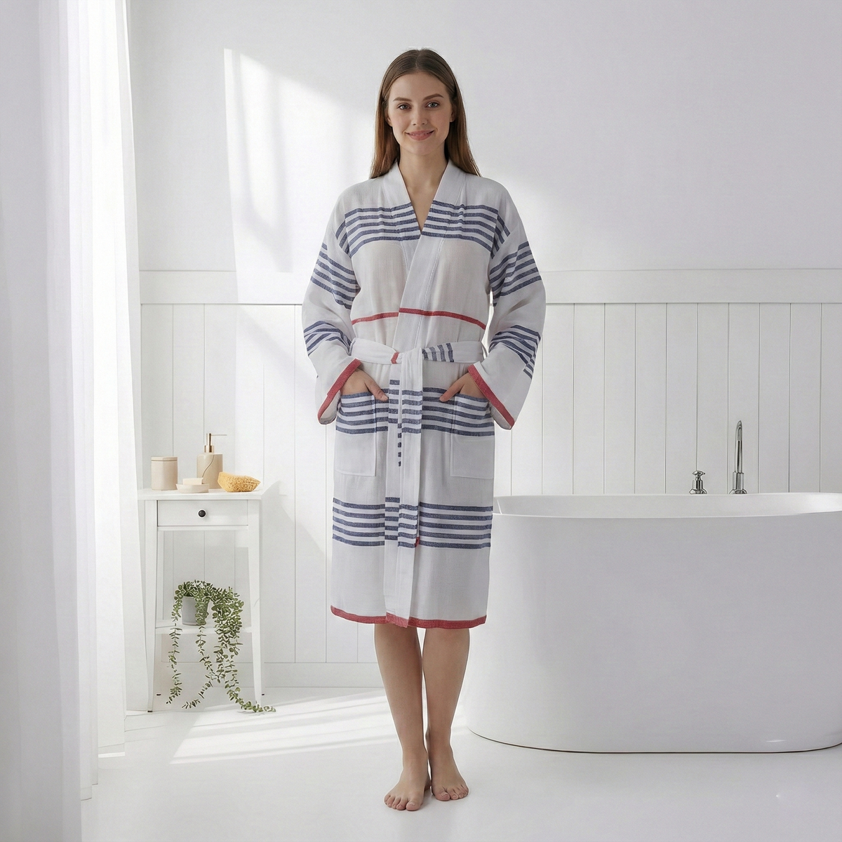 Nautical stripe Turkish bathrobe in navy & red – kimono | Kikoya