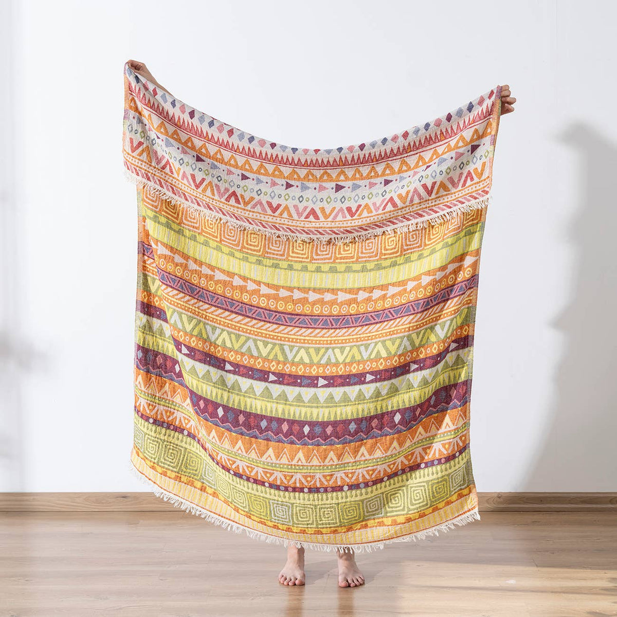 Ethnic Turkish cotton throw blanket – tribal stripe, Yellow & Green, full length view | Kikoya