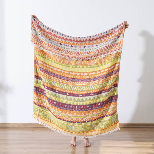 Ethnic Turkish cotton throw blanket – tribal stripe, Yellow & Green, full length view | Kikoya