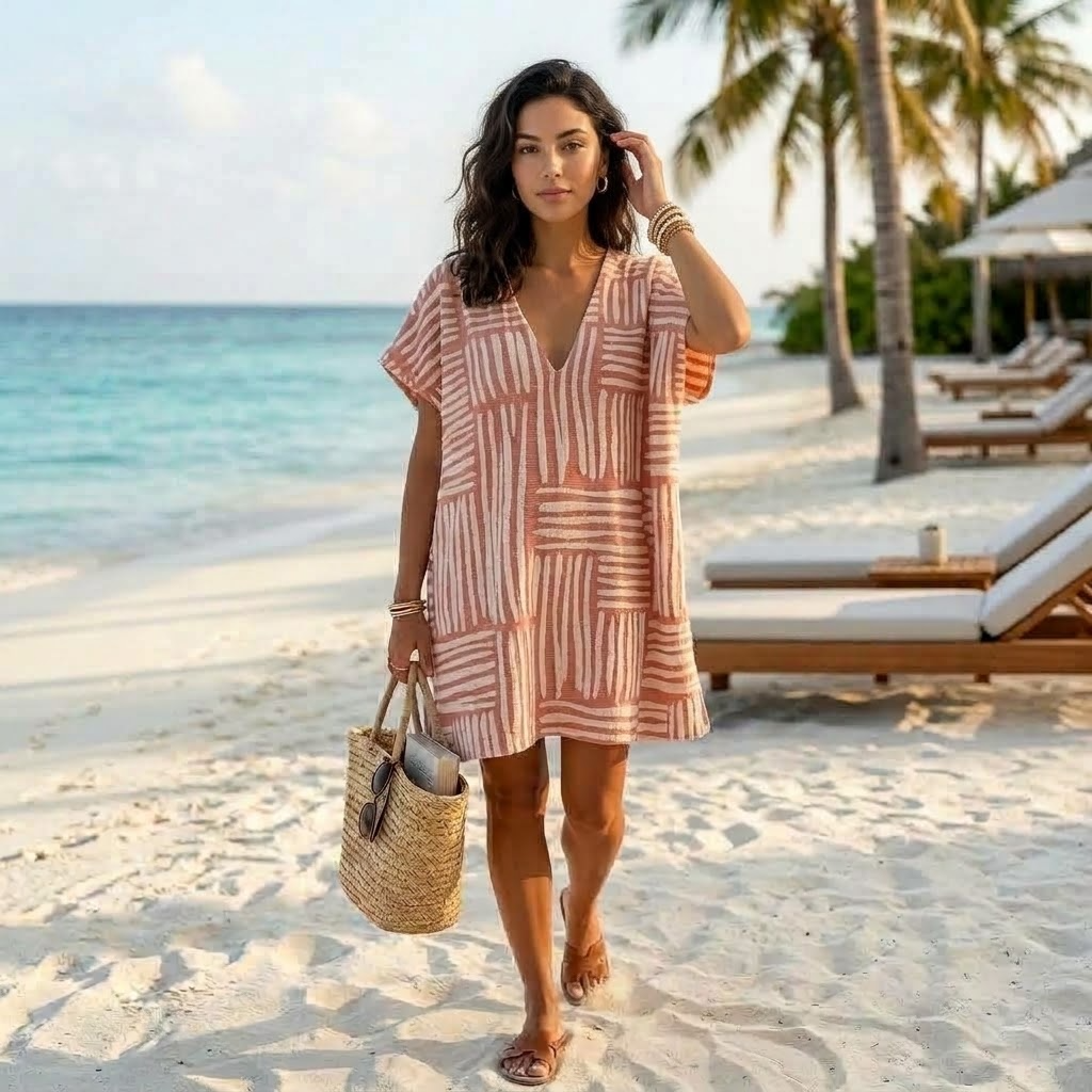 Adult V-neck beach cover-up poncho in Spectra, terry-backed Turkish cotton | Kikoya