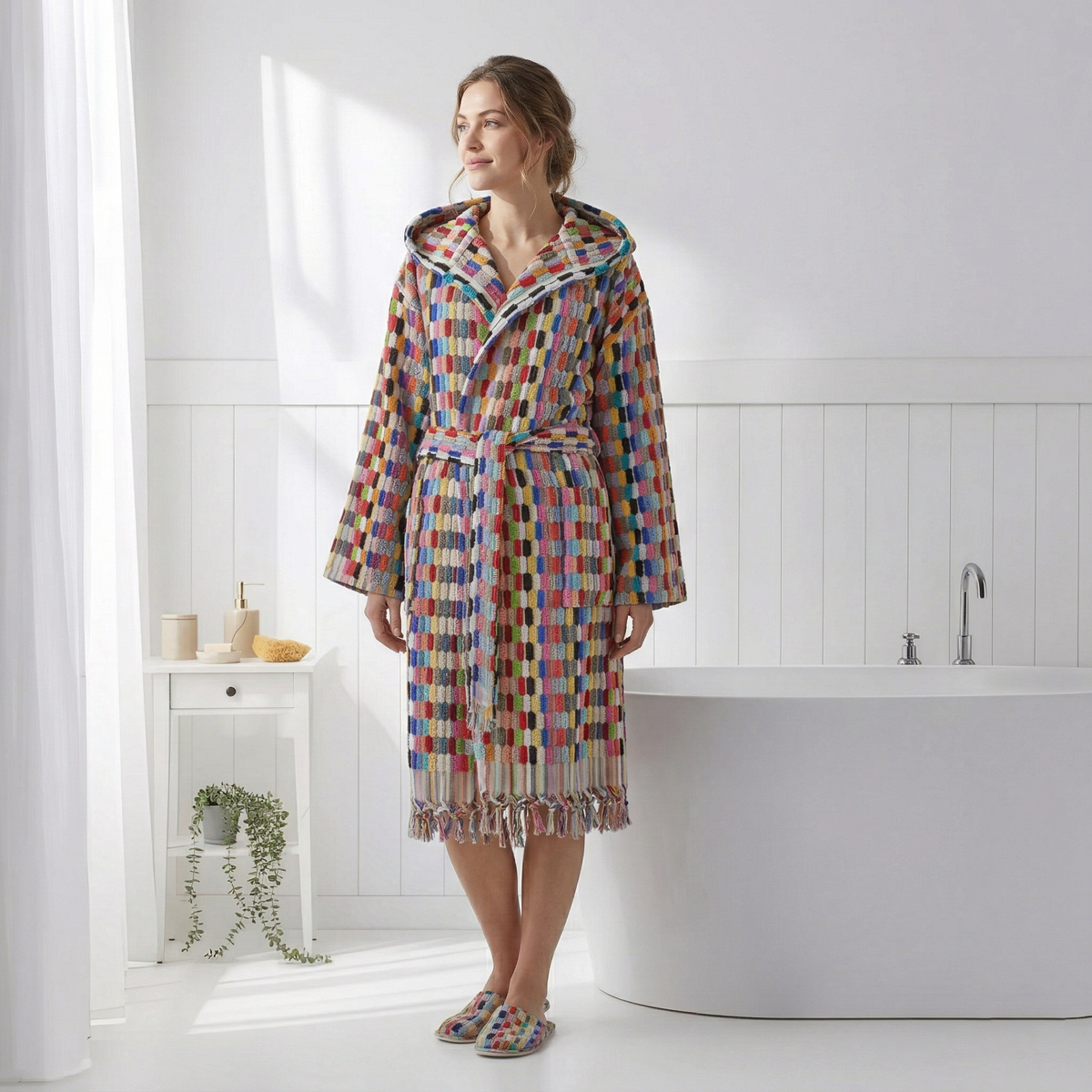 Pompom Turkish bathrobe – Lokum Multicolor, Hooded, styled view | Kikoya