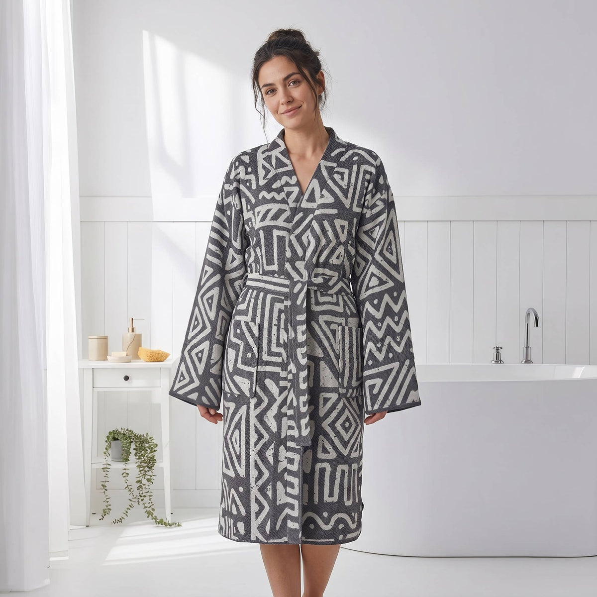 MixGeo Turkish kimono bathrobe – Black & White, styled view | Kikoya
