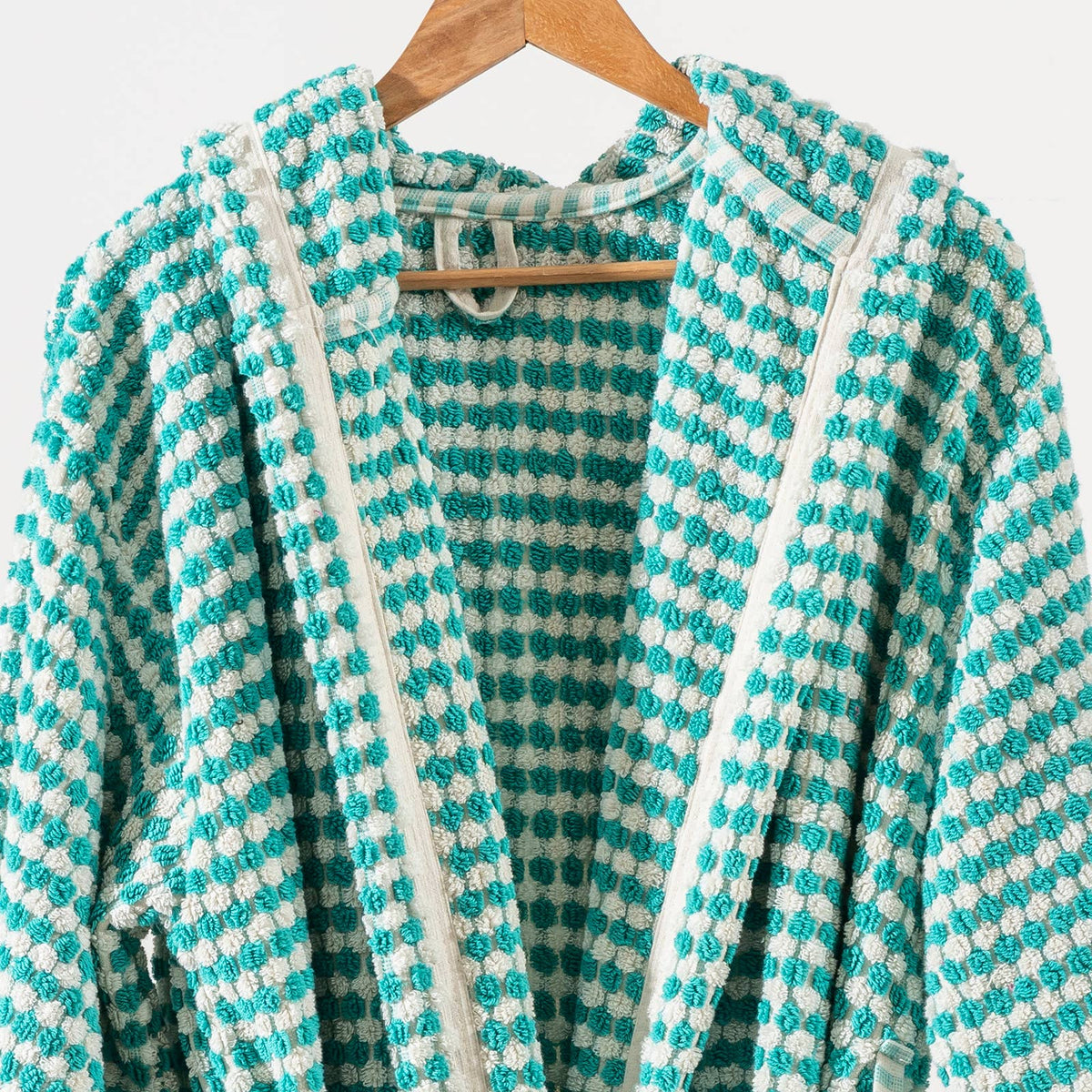 Pompom Turkish bathrobe – Green & White, Hooded, belt and pocket detail | Kikoya