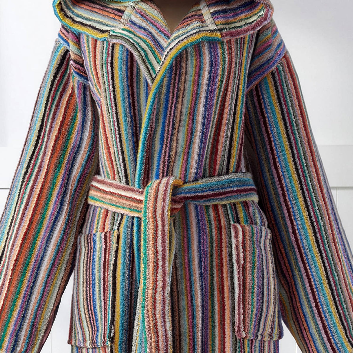 Pompom Turkish bathrobe – Rainbow Stripe, Hooded, front view | Kikoya