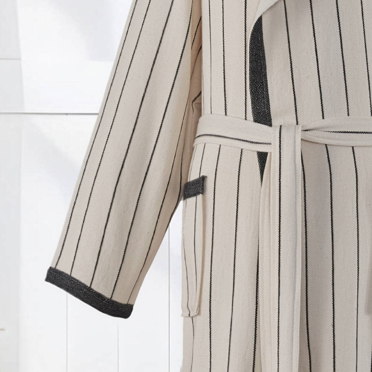 Pinstripe Turkish cotton bathrobe in cream & black – hooded | Kikoya