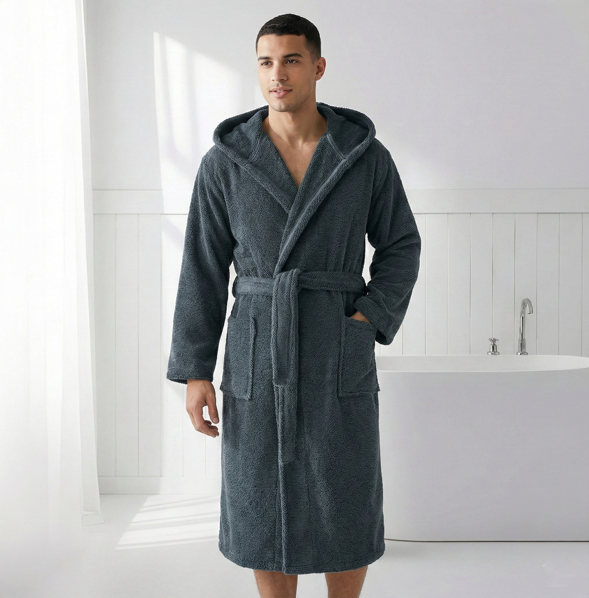 Pompom Turkish bathrobe – Pebble, Hooded, alternate view | Kikoya