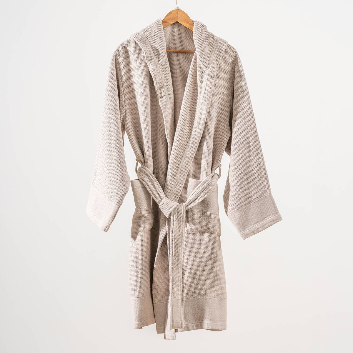Salda waffle stonewash Turkish bathrobe, hooded, beige | Kikoya