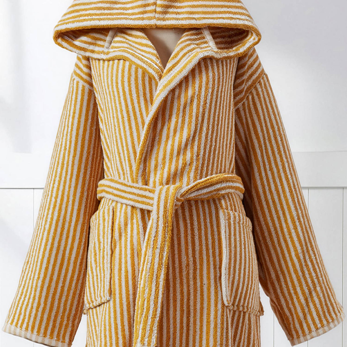 Pompom Turkish bathrobe – Mustard & White Stripe, Hooded, back view | Kikoya