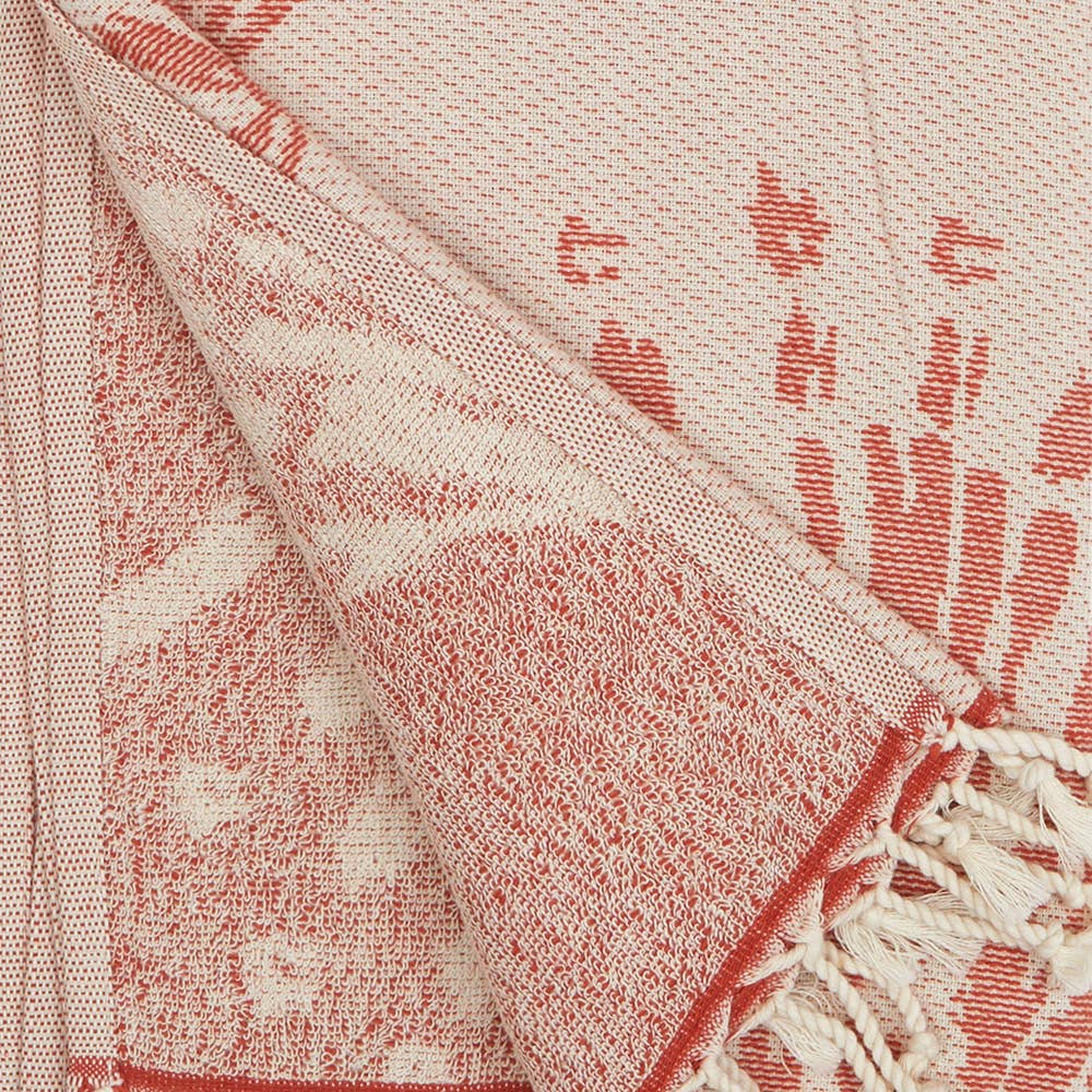 Pearls Turkish towel with coral-sprig jacquard and terry back, 35x70 in | Kikoya