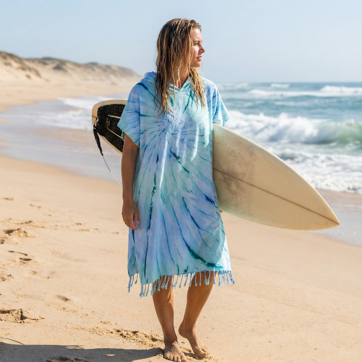 Ocean Adult Hooded Changing Poncho – Blue Tie-dye, styled view | Kikoya