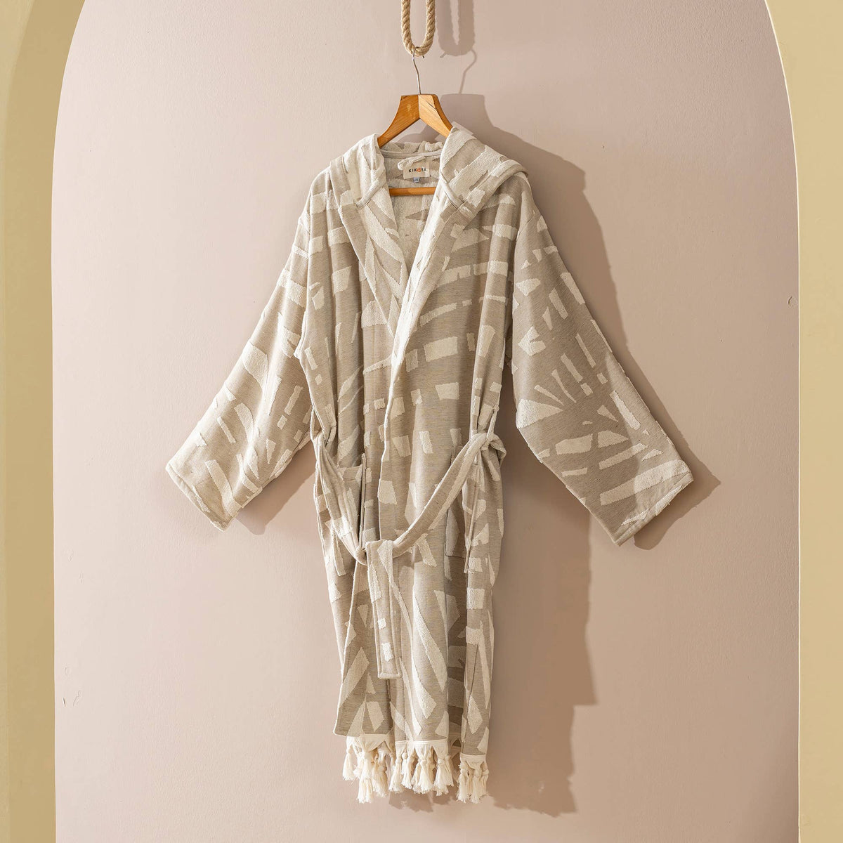 Fronds raised terry Turkish bathrobe, hooded, palm-frond jacquard | Kikoya