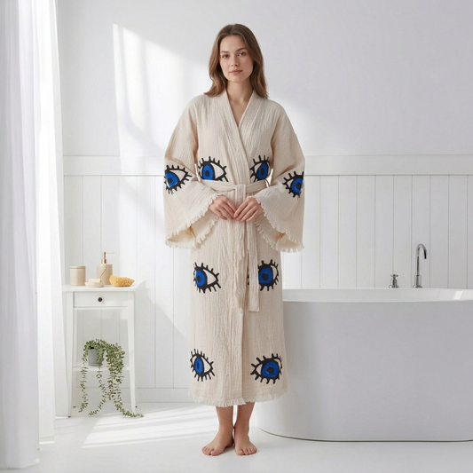 Block-print Turkish cotton kimono robe – Evil Eye Blue | Kikoya