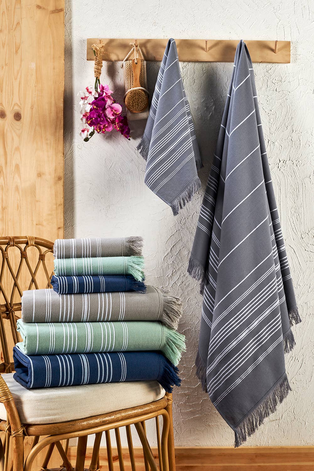 Sense terry-backed Turkish towel in tonal stripe, bath and hand sizes | Kikoya