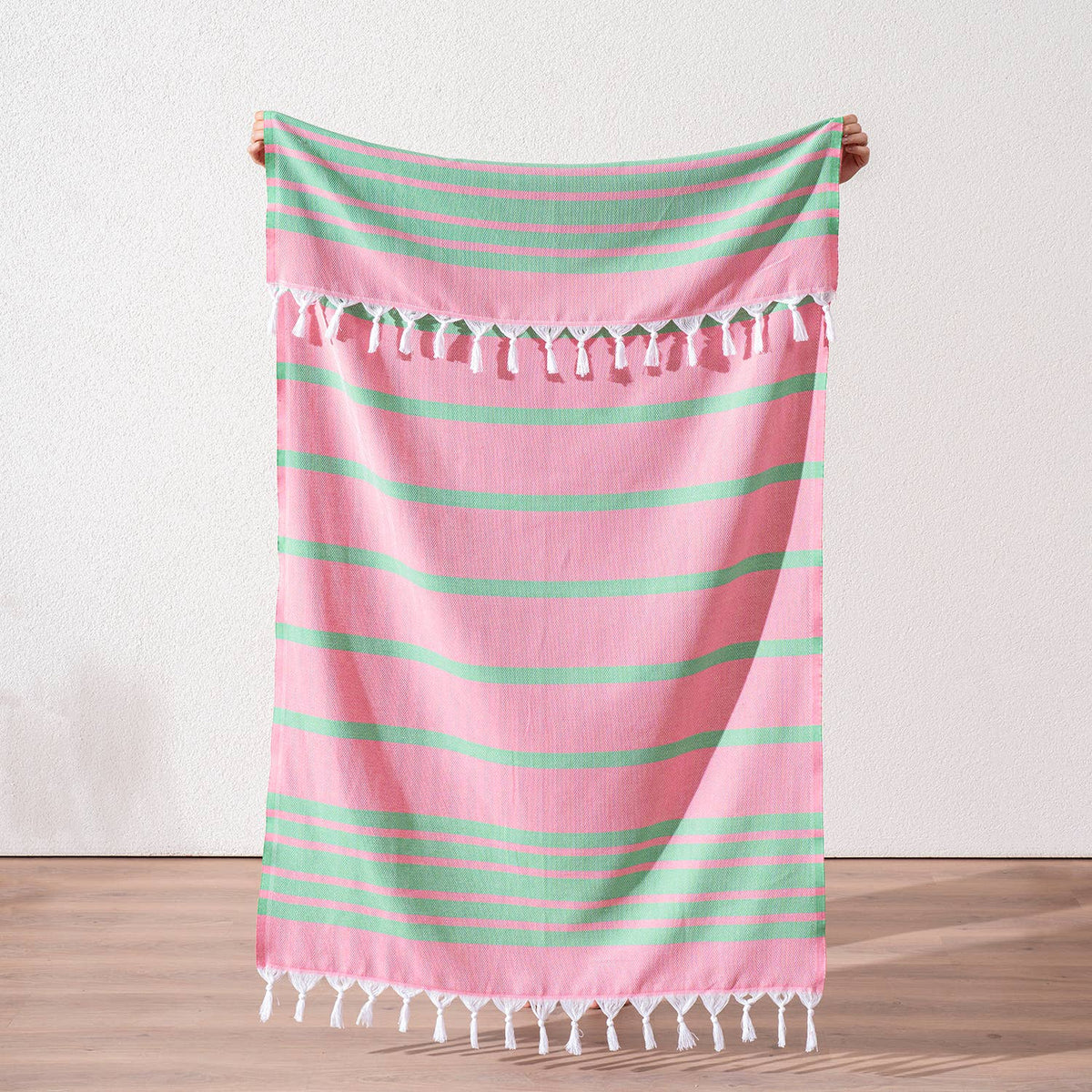 Luxe Herringbone Turkish towel – Pink/Green, pink with green stripes | Kikoya