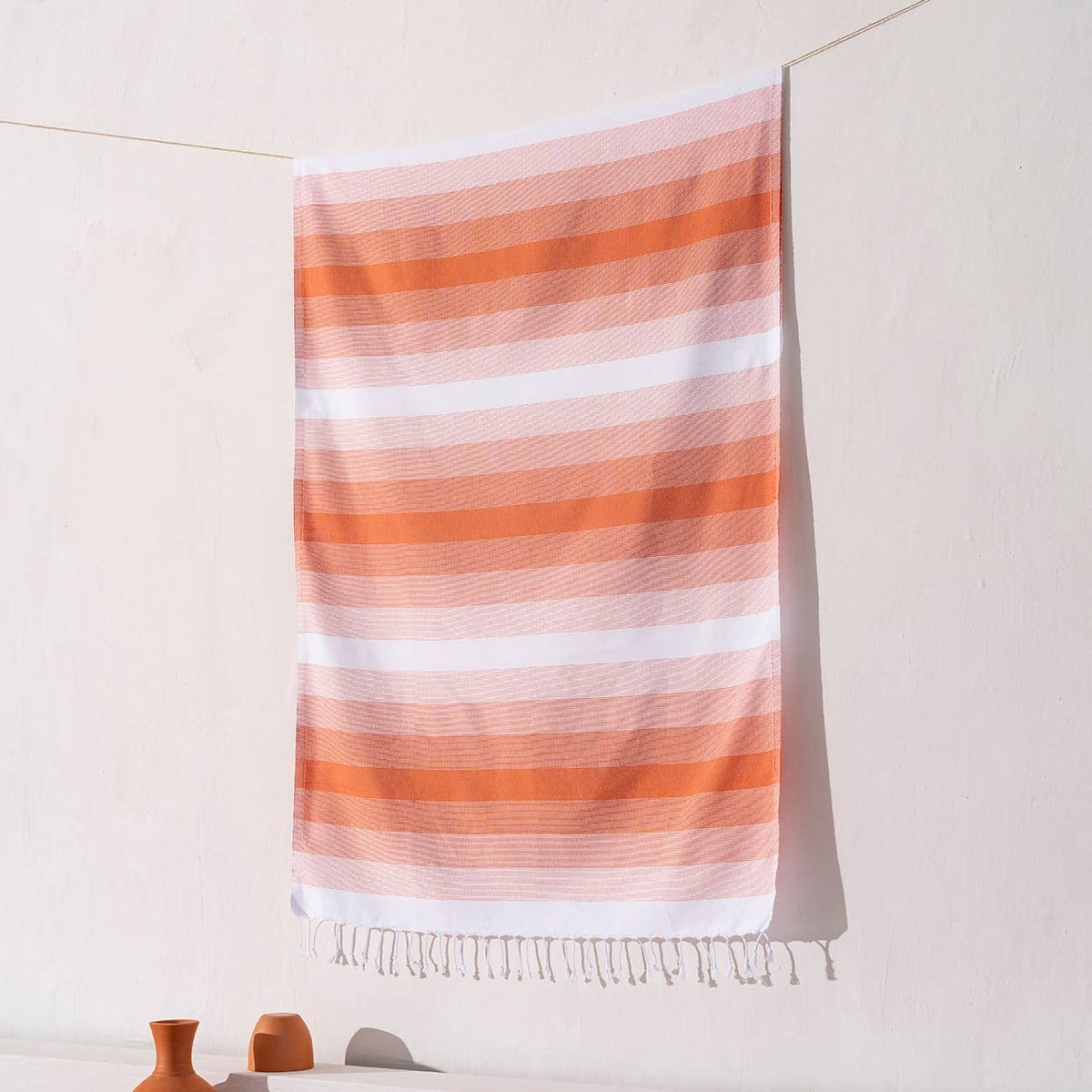 Sunrise Turkish beach towel in coral ombre stripe, 33x66 in | Kikoya