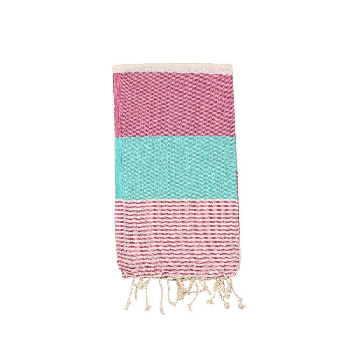 Hawaiian Turkish beach towel in pink and mint block stripe on cream, 35x70 in | Kikoya