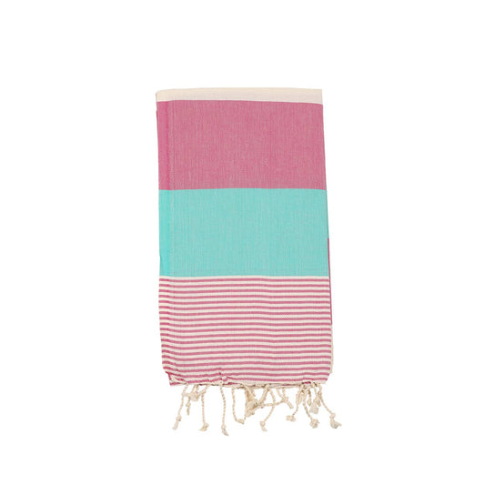 Hawaiian Turkish beach towel in pink and mint block stripe on cream, 35x70 in | Kikoya