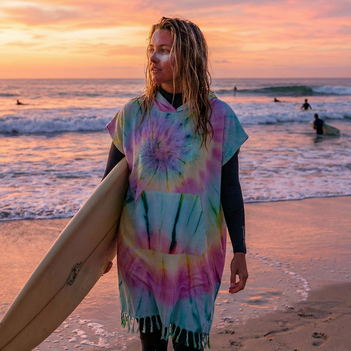 Supernova Adult Hooded Changing Poncho – Multicolor Tie-dye, styled view | Kikoya
