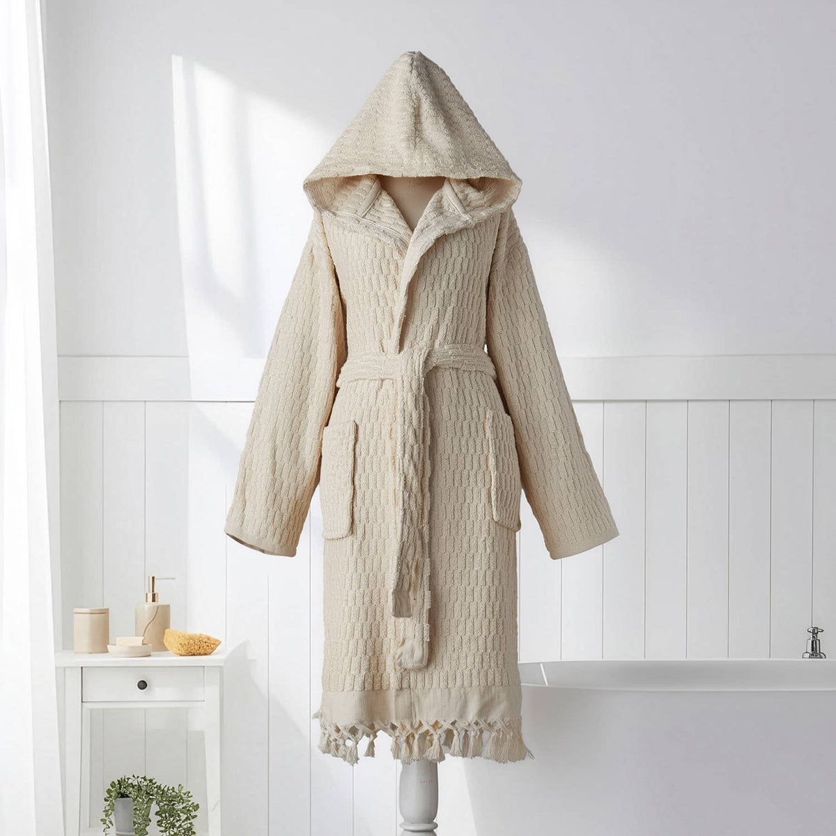 Pompom Turkish bathrobe – Lokum Natural, Hooded, styled view | Kikoya