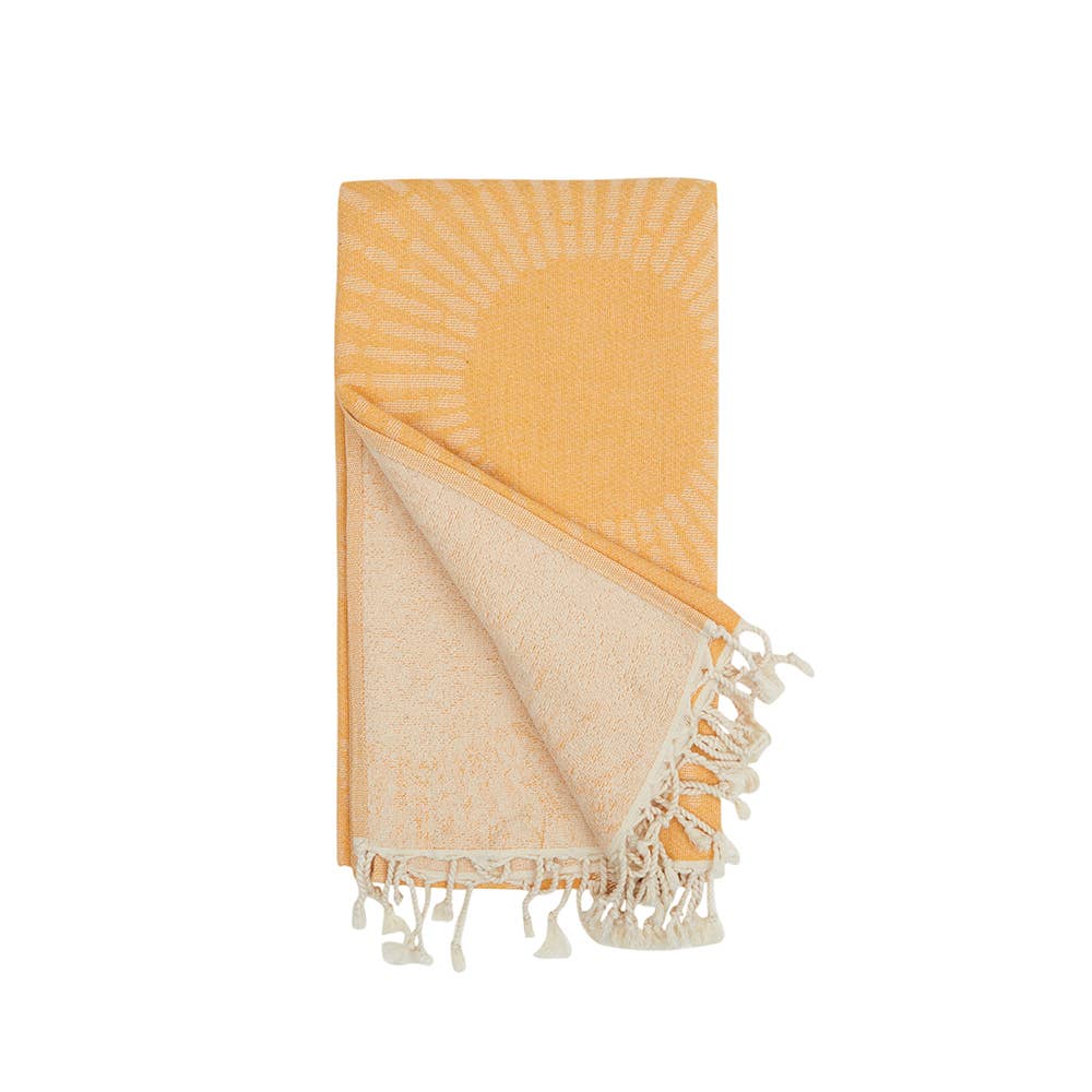 Sunbright terry-backed Turkish towel with woven sunburst jacquard, 35x70 in | Kikoya