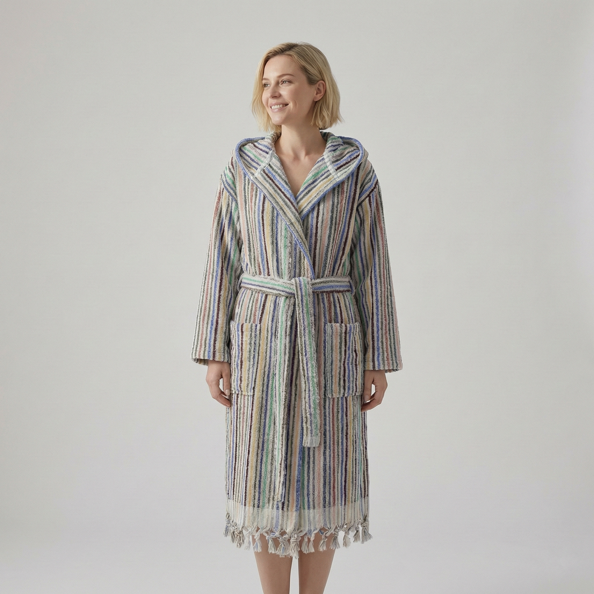 Pompom Turkish bathrobe – Multicolor Melange Stripe, Hooded, texture detail | Kikoya