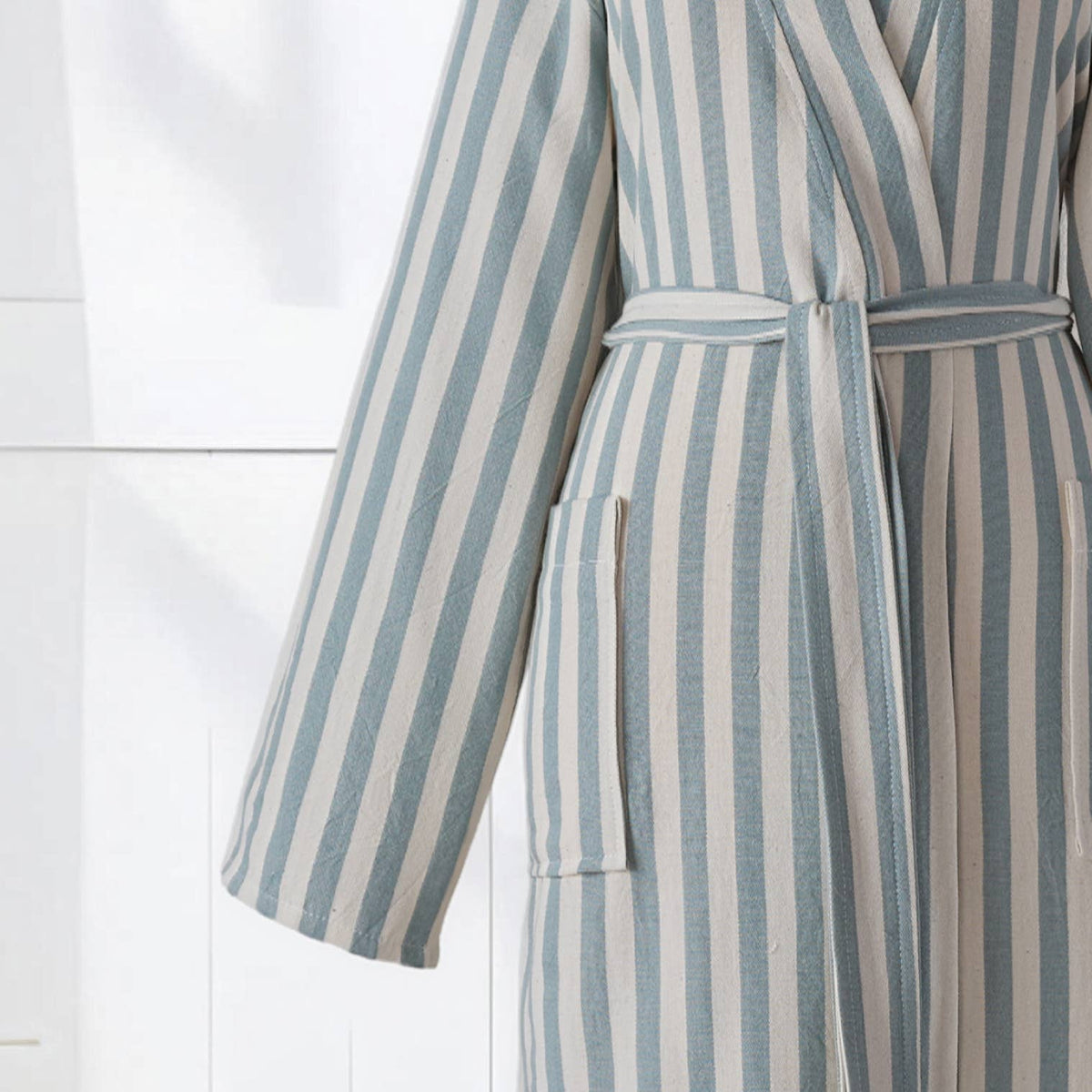 Pinstripe Turkish cotton bathrobe in grey & green – kimono | Kikoya