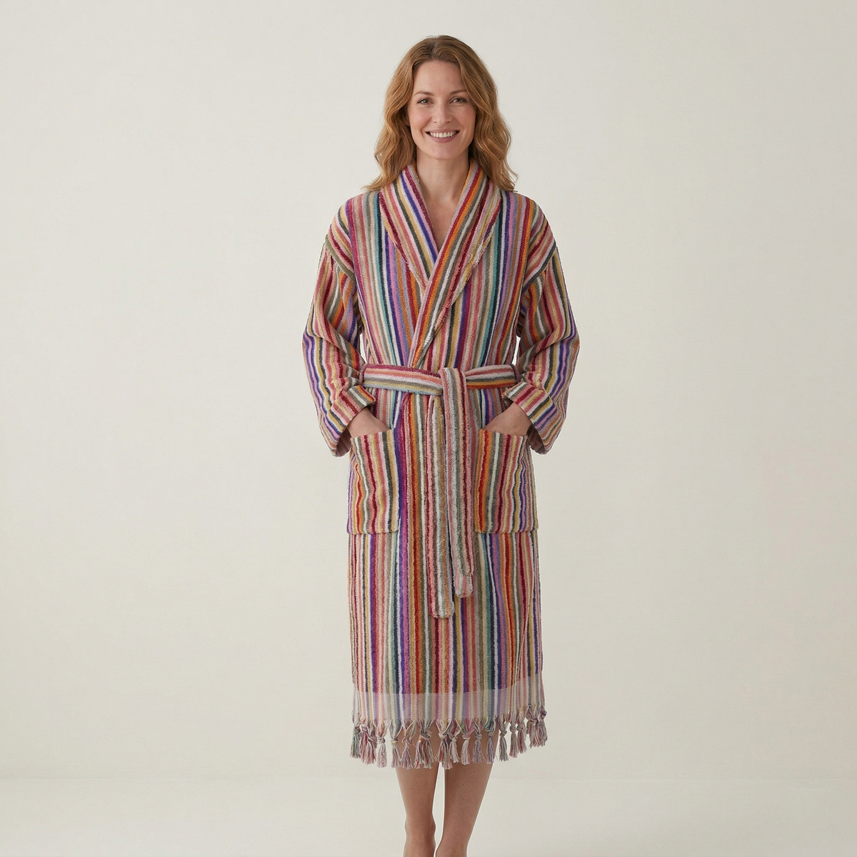 Pompom Turkish bathrobe – Multicolor Stripe, Shawl Collar, styled view | Kikoya