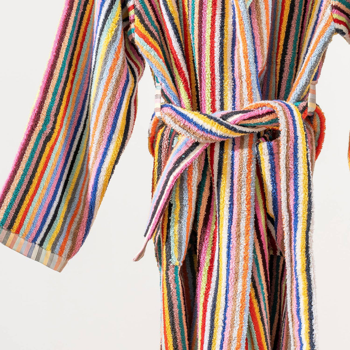 Pompom Turkish bathrobe – Multicolor Pinstripe, Hooded, full-length view | Kikoya