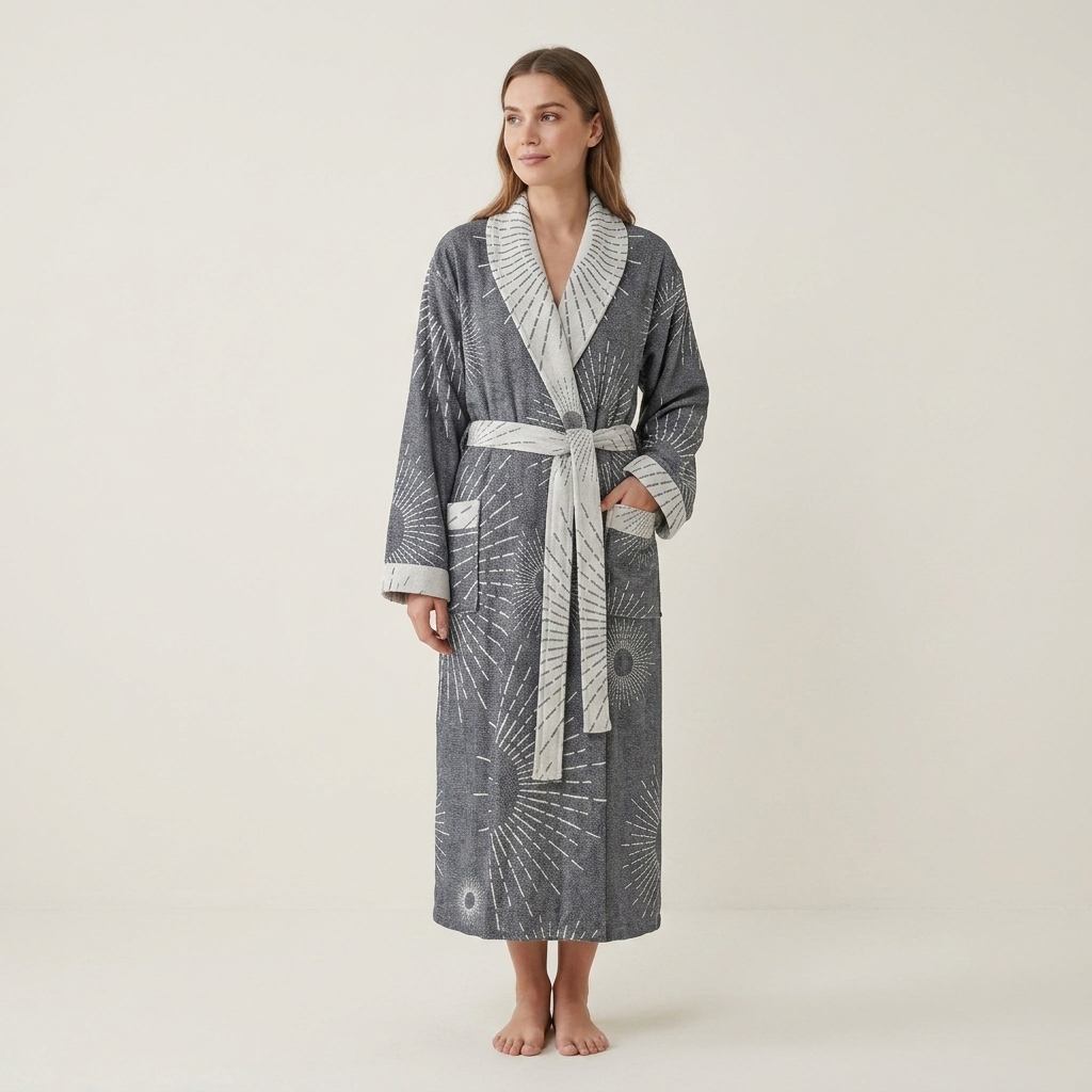 Sunburst Turkish bathrobe in charcoal – shawl collar, full length | Kikoya