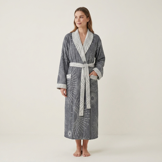 Sunburst Turkish bathrobe in charcoal – shawl collar, full length | Kikoya