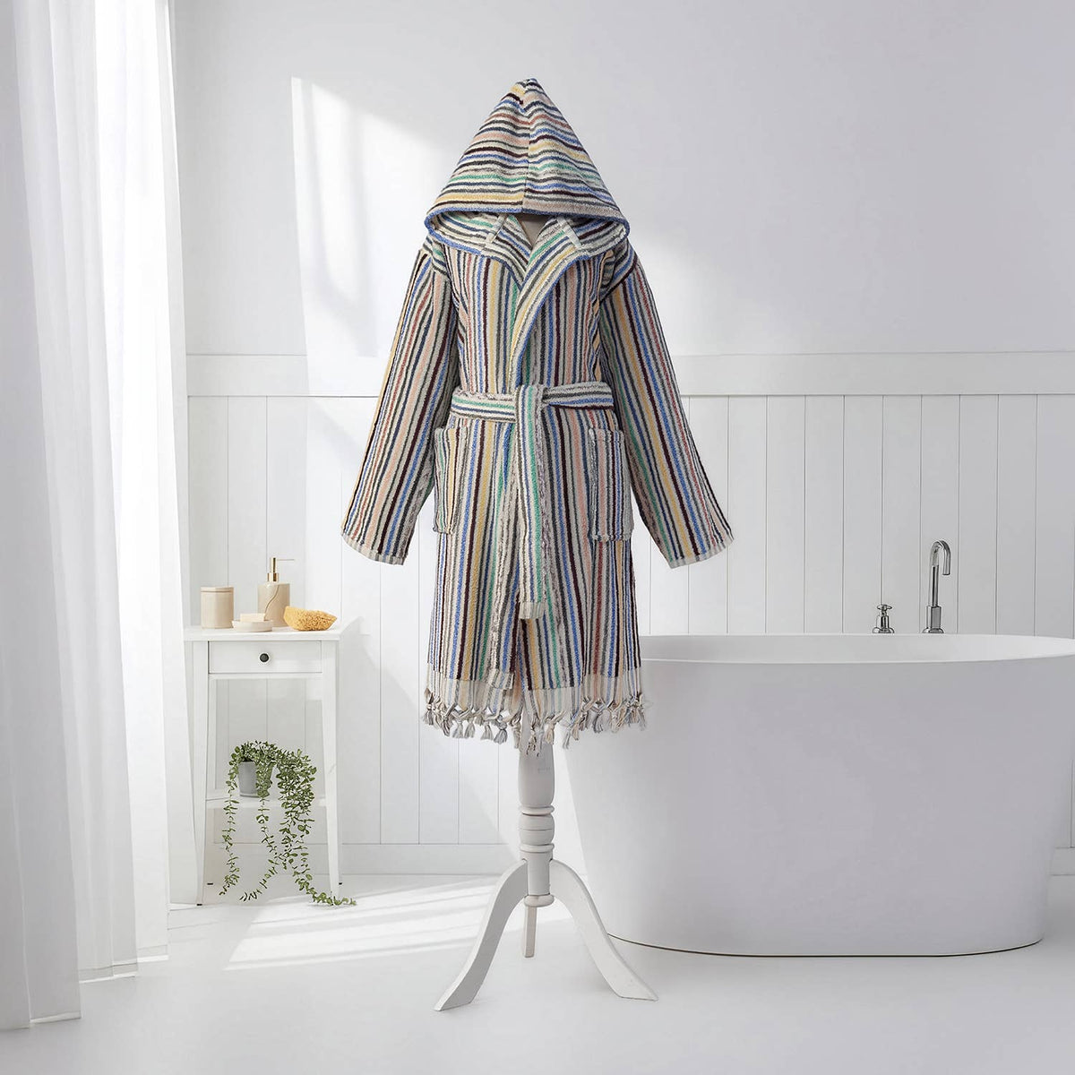Pompom Turkish bathrobe – Multicolor Melange Stripe, Hooded, styled view | Kikoya