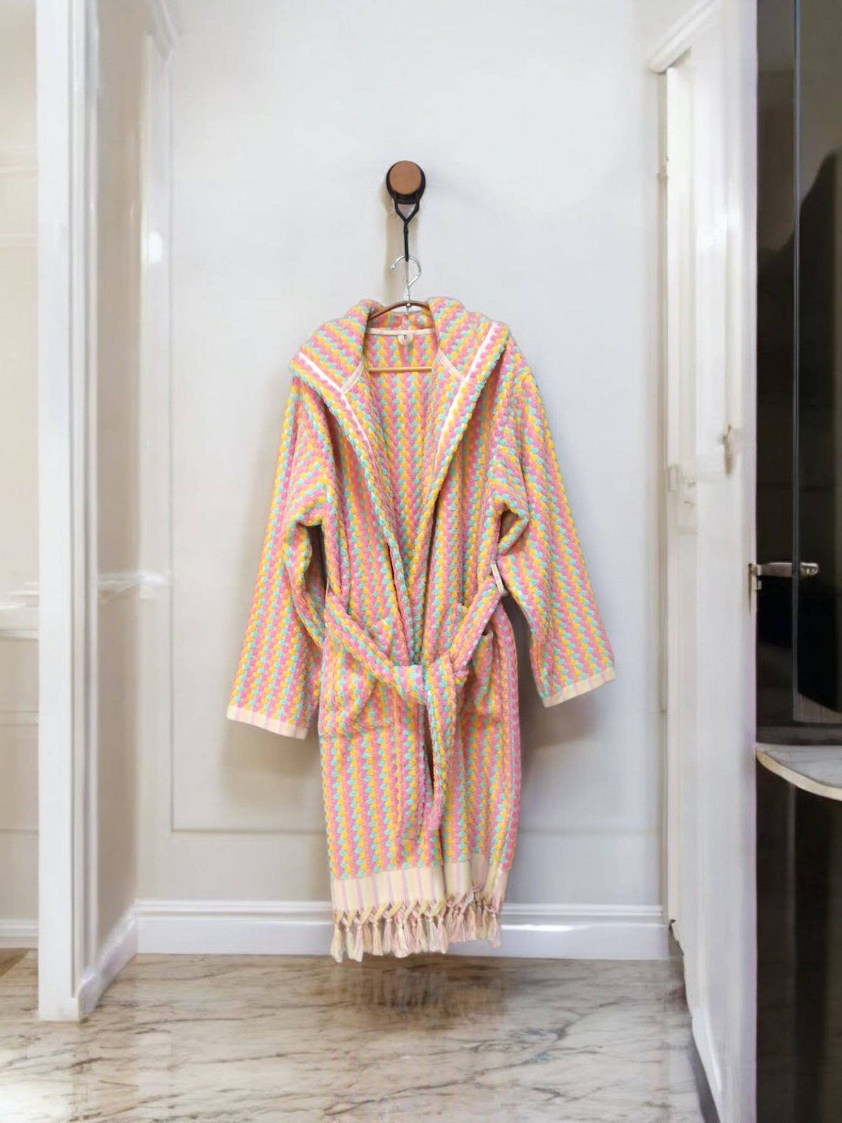 Pompom Turkish bathrobe – Pink & Orange, Hooded, collar detail | Kikoya