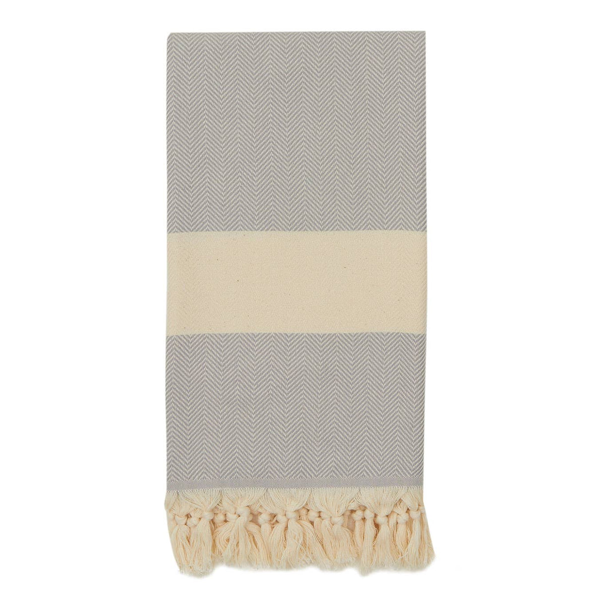 Herringbone Turkish towel – Grey, folded with fringe | Kikoya