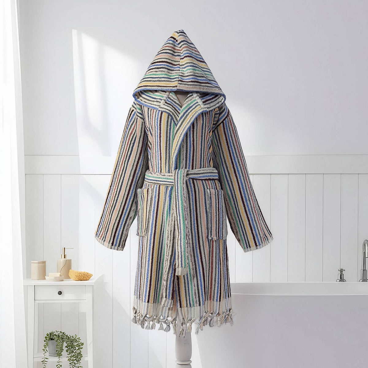 Pompom Turkish bathrobe – Multicolor Melange Stripe, Hooded, front view | Kikoya