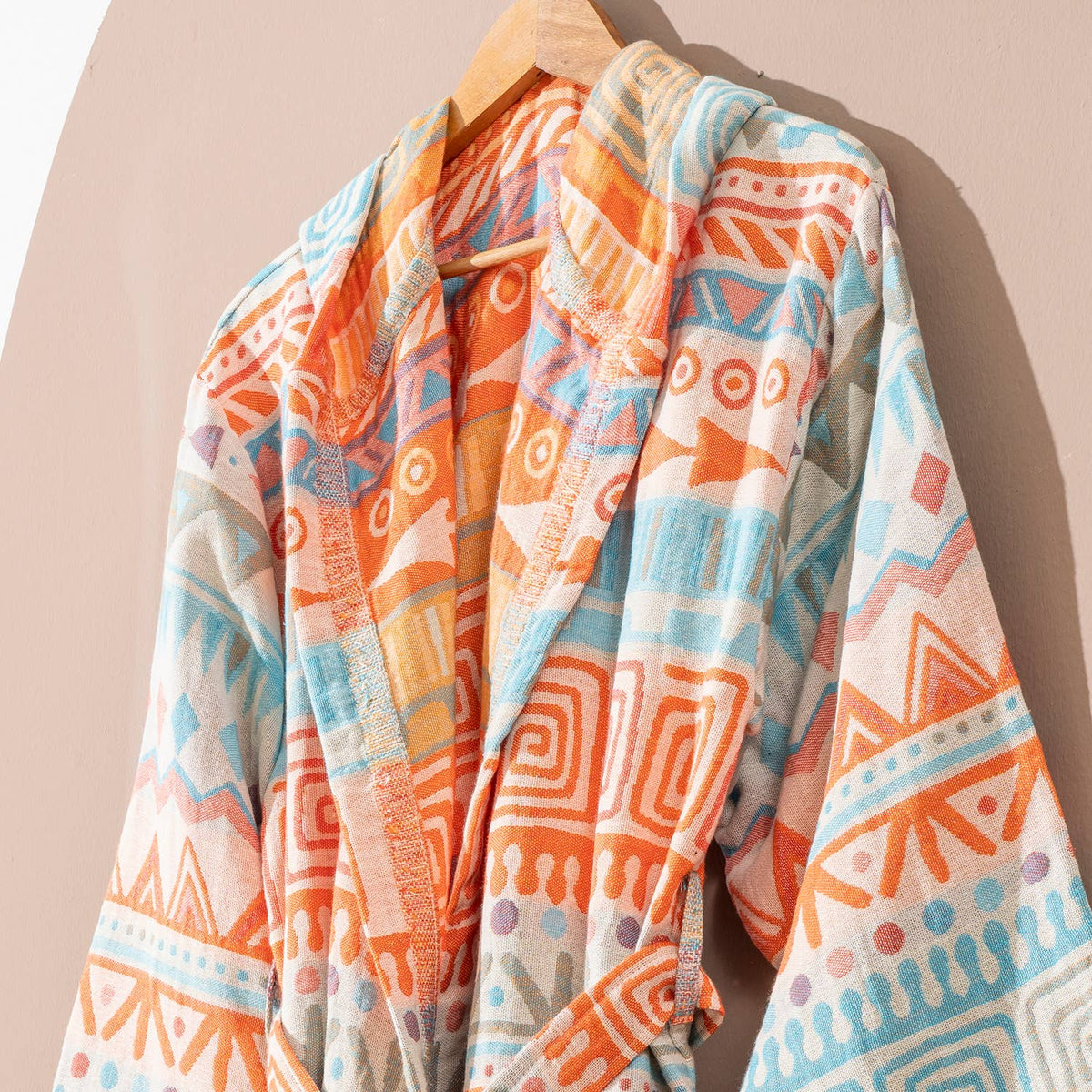 Ethnic print Turkish bathrobe in coral & turquoise – kimono | Kikoya