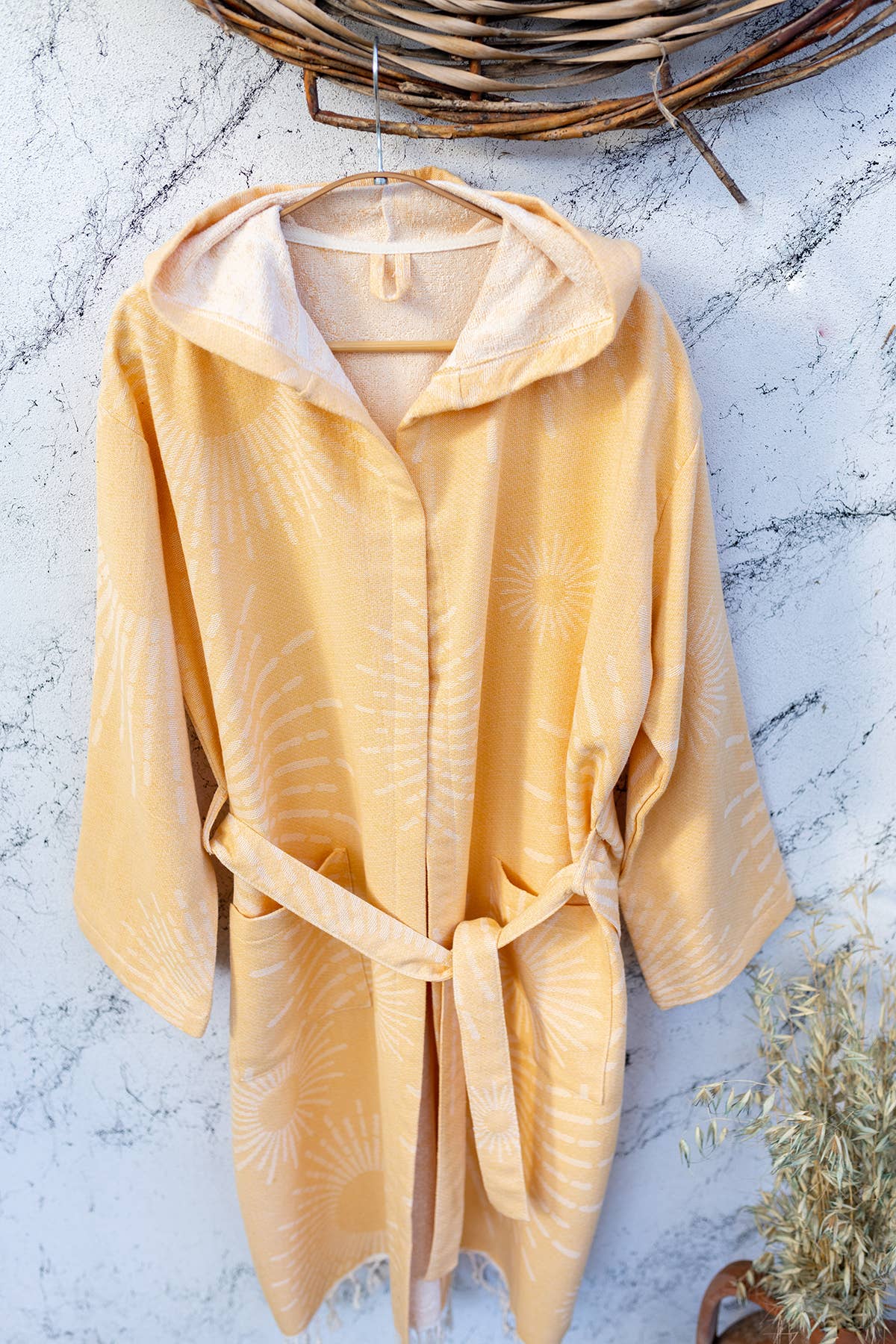 Sunburst terry-backed Turkish bathrobe, hooded, mustard | Kikoya