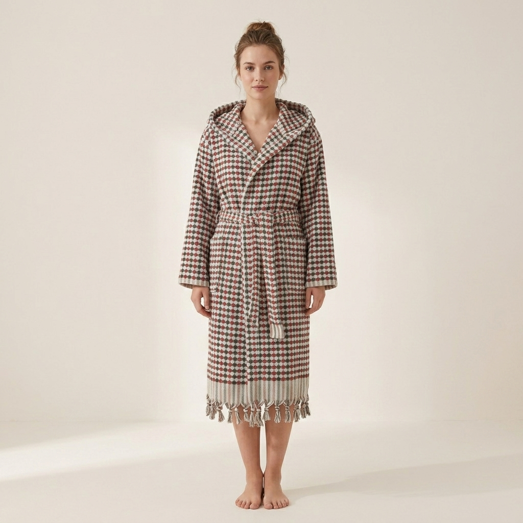 Pompom Turkish bathrobe – Khaki & Brick, Hooded, front view | Kikoya
