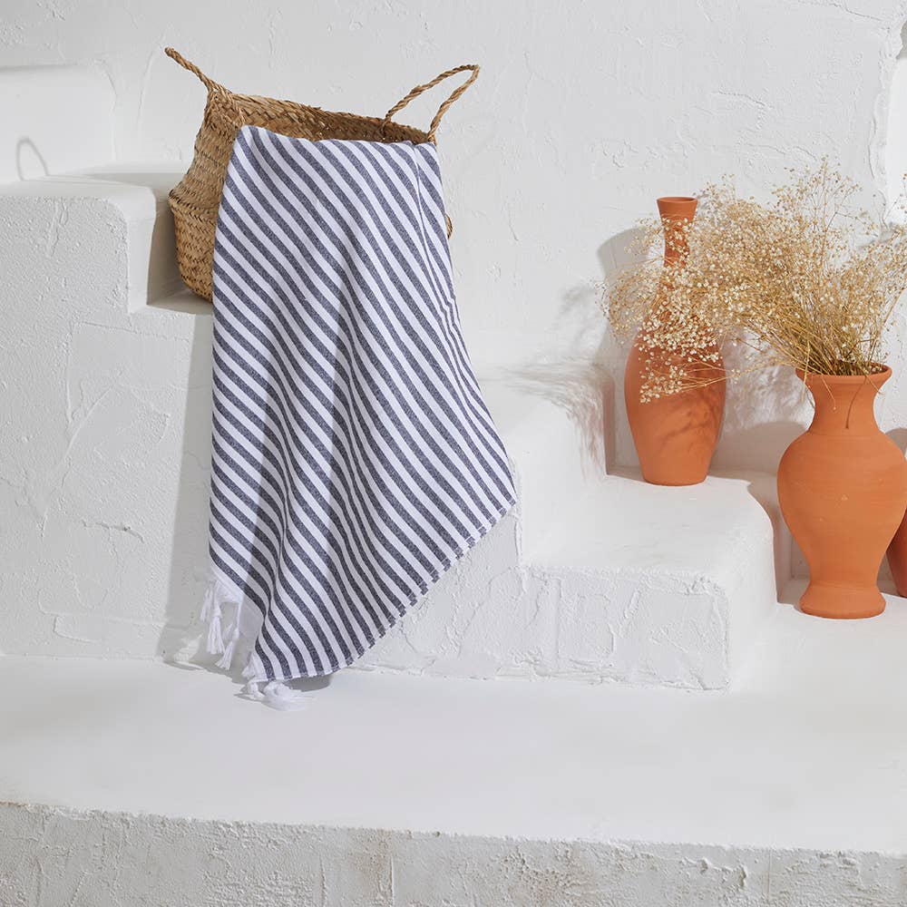 Royal terry-backed Turkish towel in fine stripe, 35x70 in, flat face with terry back | Kikoya