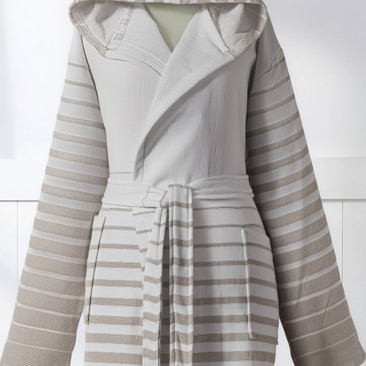 Paradiso terry-backed Turkish bathrobe in a two-tone stripe, hooded | Kikoya