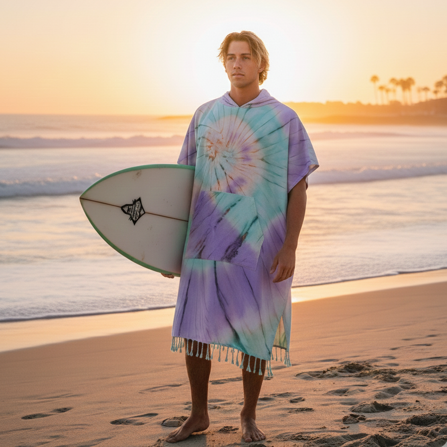 Spiral Adult Hooded Changing Poncho – Purple Tie-dye, styled view | Kikoya