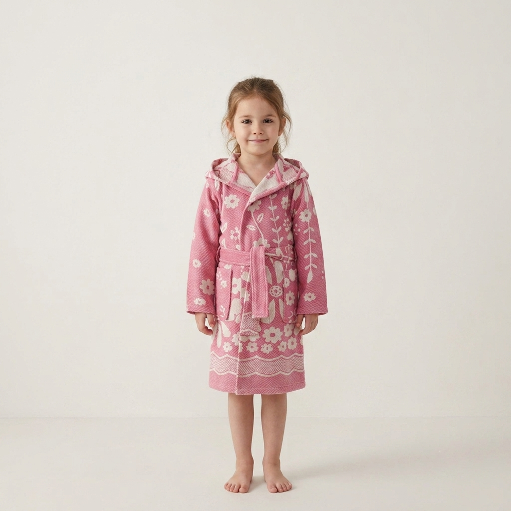 Daisy kids Turkish bathrobe – floral jacquard, hooded, ages 5-8 | Kikoya