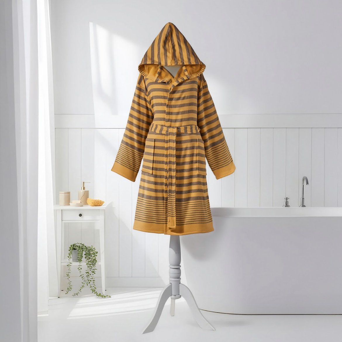 Chakra terry-backed Turkish bathrobe, hooded, tonal ombré stripe | Kikoya
