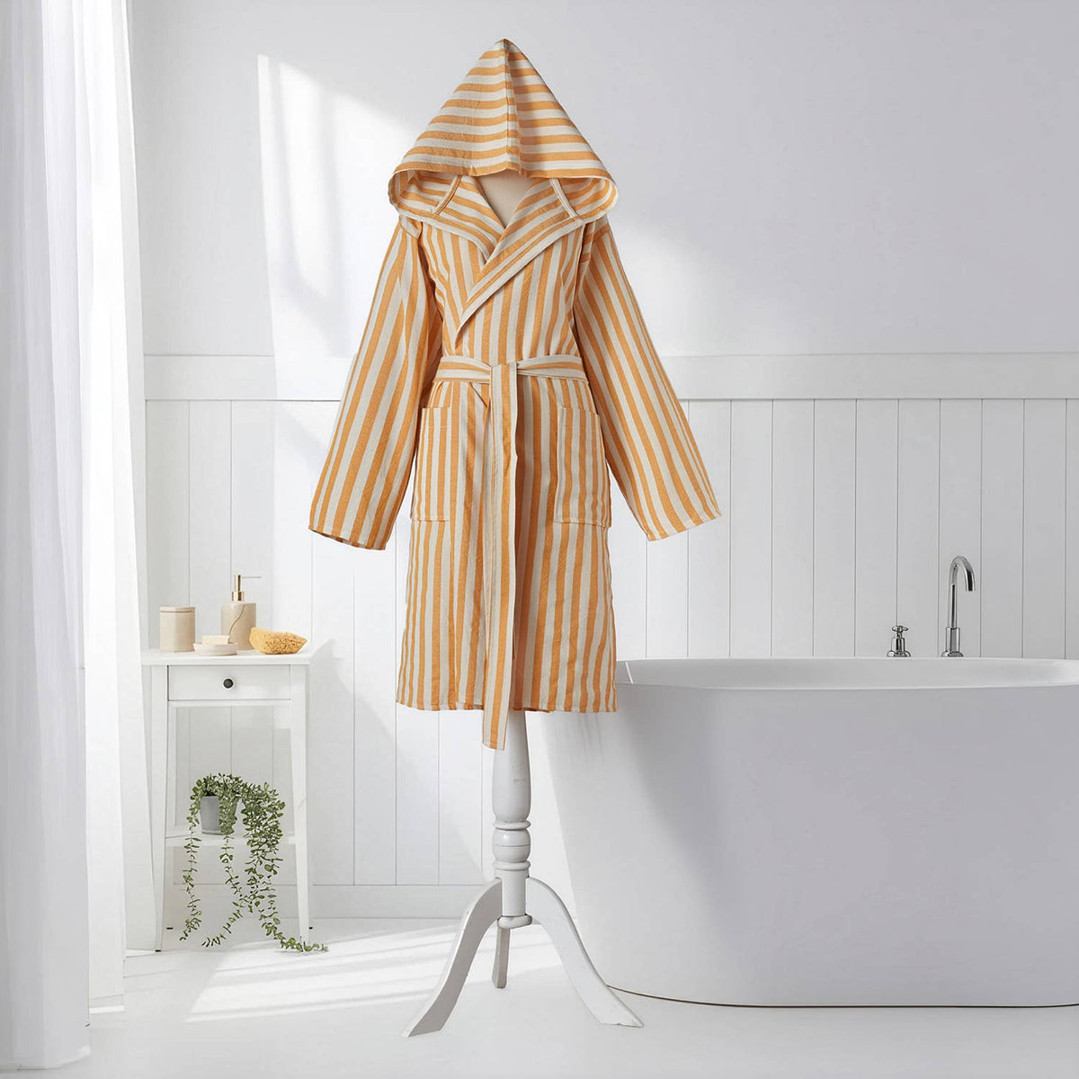 Zebra stripe Turkish hooded bathrobe – Yellow & Cream, full length | Kikoya