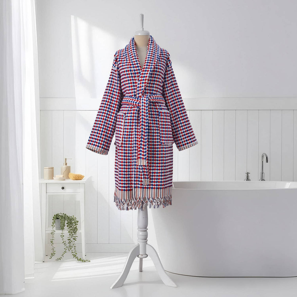 Pompom Turkish bathrobe – Navy & Red, Shawl Collar, belt and pocket detail | Kikoya