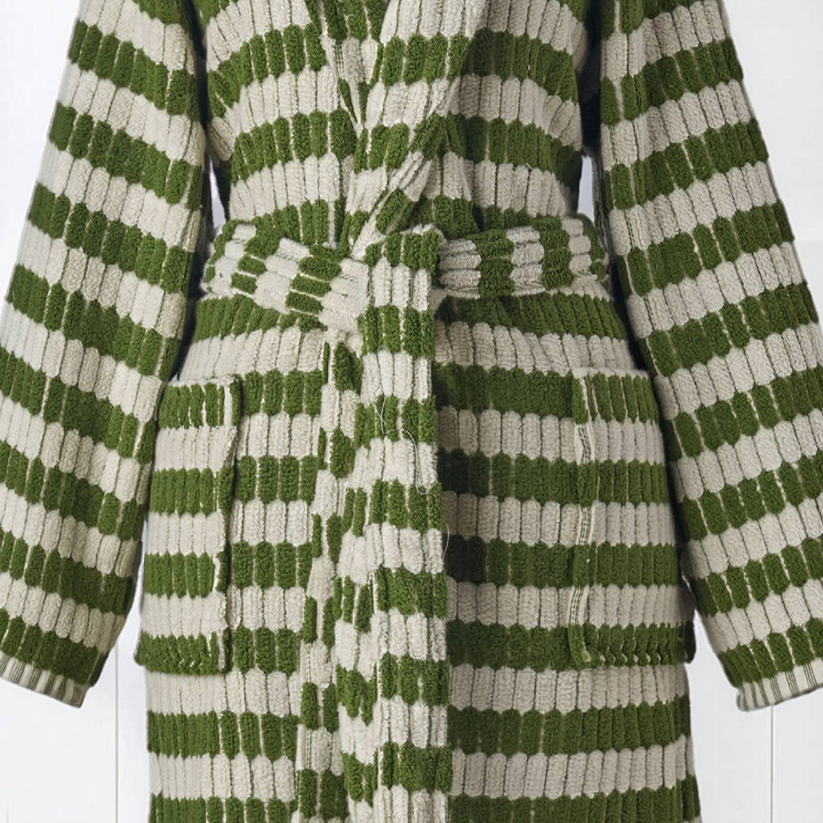 Pompom Turkish bathrobe – Lokum Khaki, Shawl Collar, belt and pocket detail | Kikoya