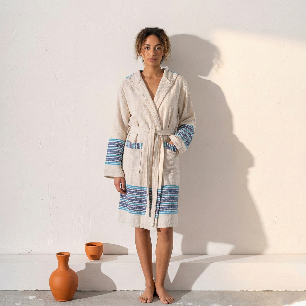 Linen-cotton Turkish bathrobe with blue stripe bands – kimono | Kikoya